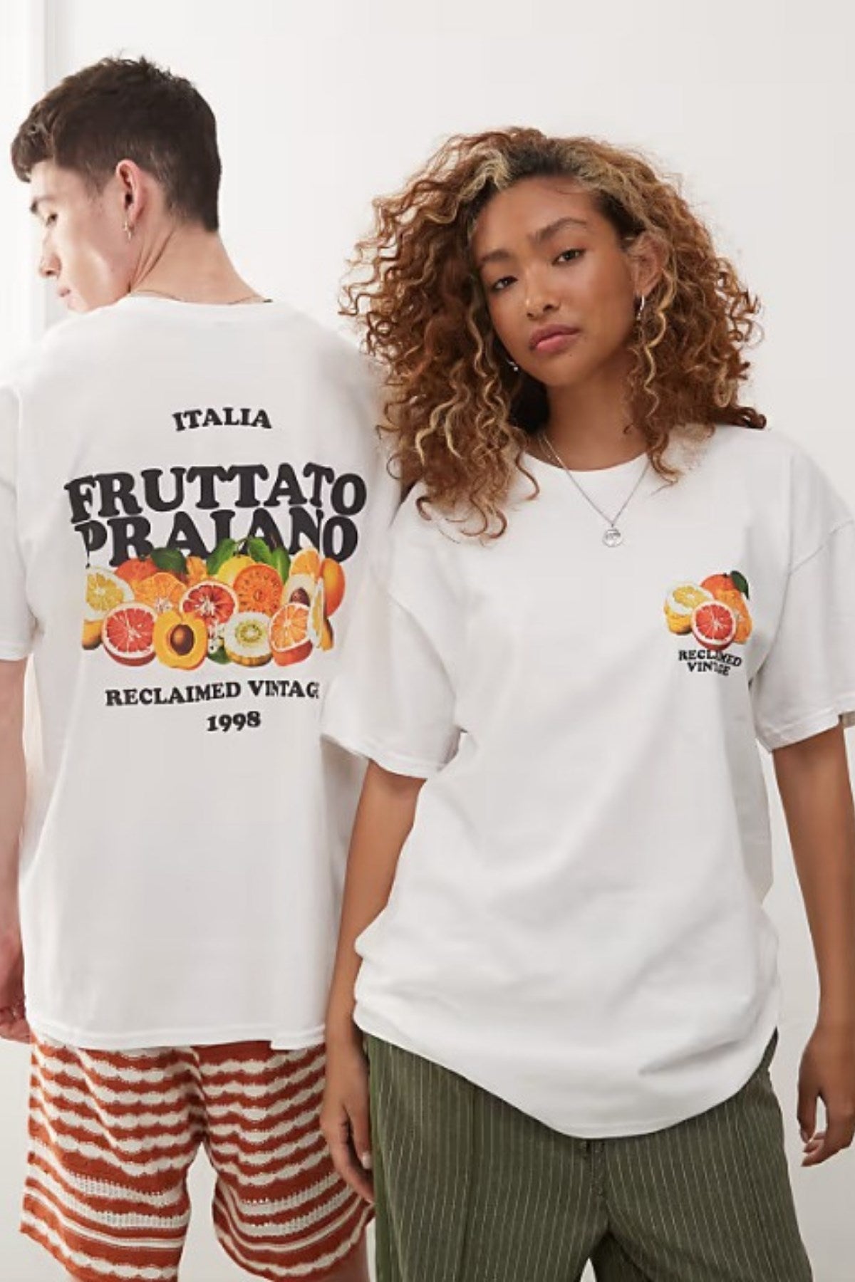 Unisex %100 Pamuk Oversize Fruttato Praiano Meyve Baskılı Beyaz Tişört Yazlık Vintage Stil