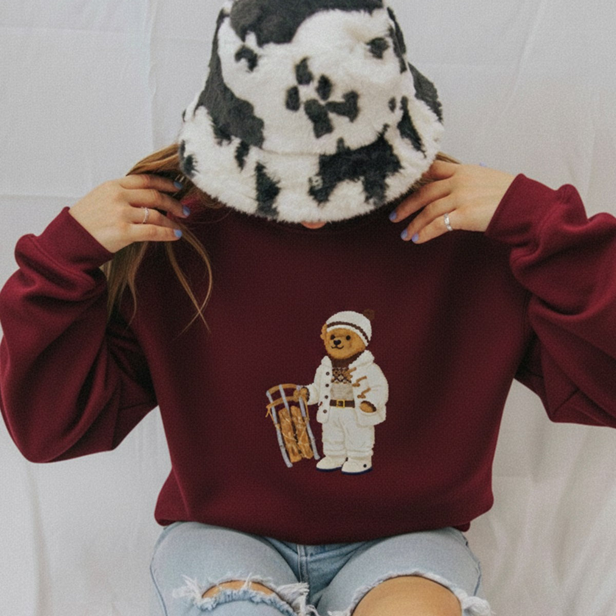 Kadın Oversize Sweatshirt Quiet Club 3D Baskılı Bordo – Bisiklet Yaka, 3 İplik Şardonlu Polar