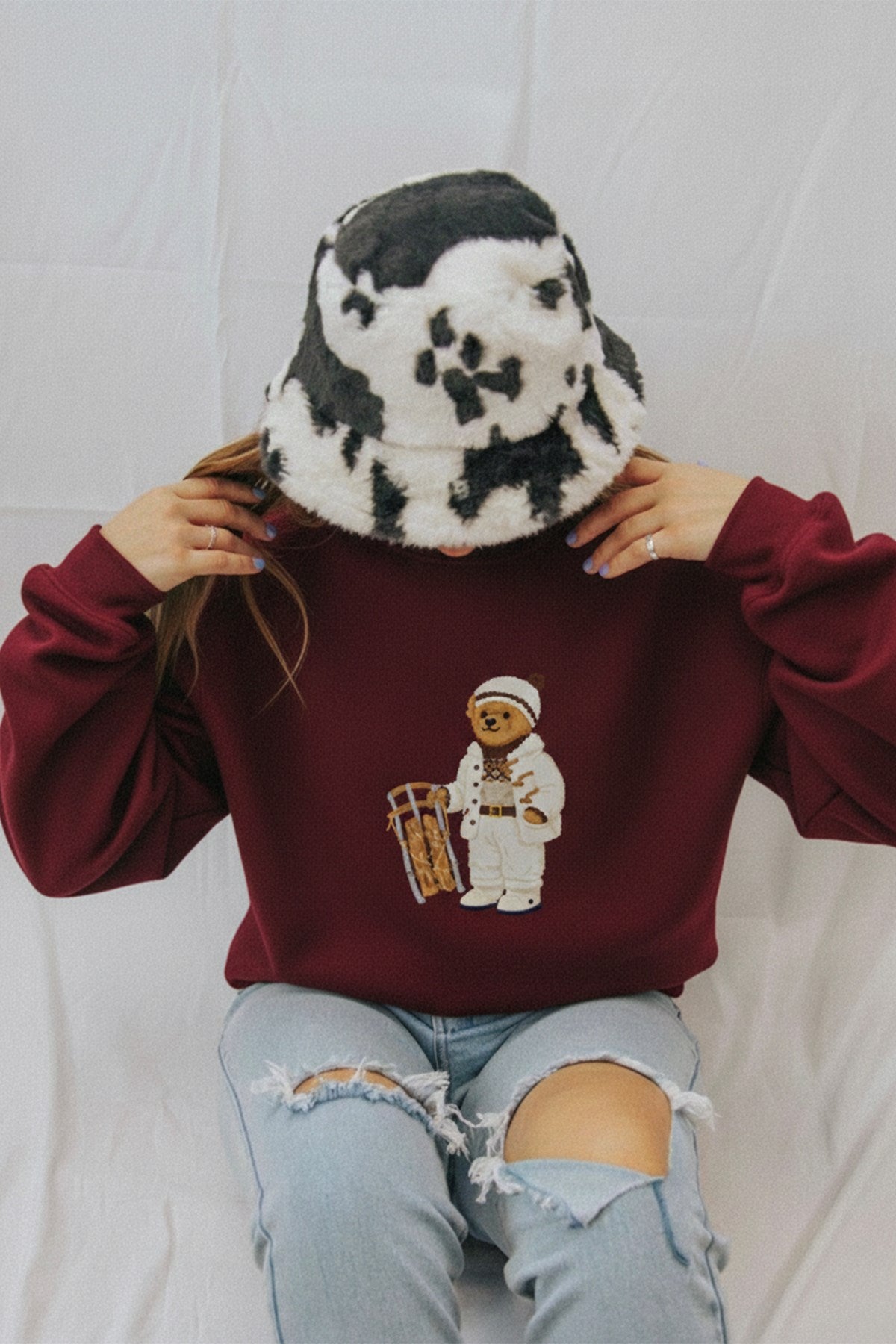 Kadın Oversize Sweatshirt Quiet Club 3D Baskılı Bordo – Bisiklet Yaka, 3 İplik Şardonlu Polar