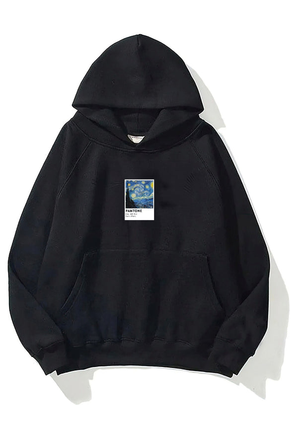 Kapüşonlu İçi Polar Starry Night Baskılı Siyah Unisex Oversize Hoodie Sweatshirt