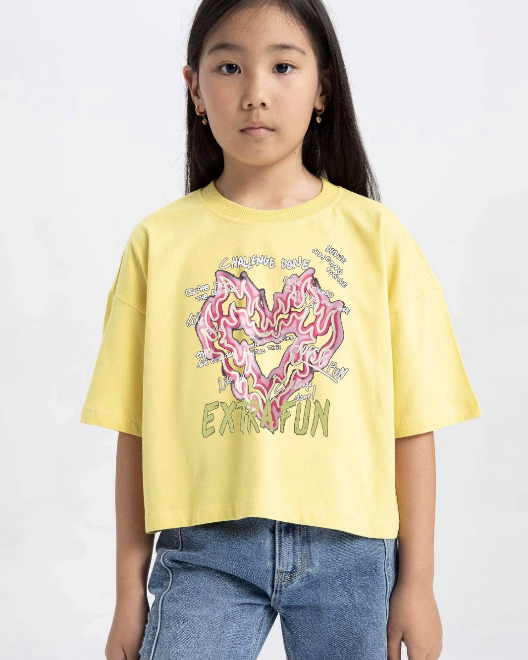 Extra Fun Yazılı Alevli Kalp Tasarım Baskılı Sarı Çocuk T-Shirt