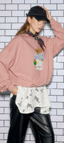 Kadın Oversize Sweatshirt City Club Bear Baskılı Pembe – Bisiklet Yaka, 3 İplik Şardonlu Polar