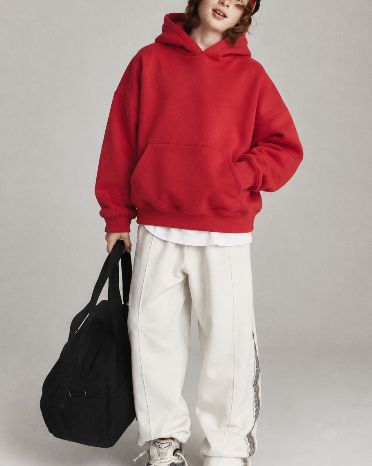 Erkek Çocuk Oversize Basic Hoodie Sweatshirt Kırmızı – Kapüşonlu, Kanguru Cepli, 3 İplik Polar
