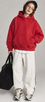 Erkek Çocuk Oversize Basic Hoodie Sweatshirt Kırmızı – Kapüşonlu, Kanguru Cepli, 3 İplik Polar