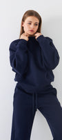 Unisex Oversize Sweatshirt Basic Lacivert – Bisiklet Yaka, 3 İplik Şardonlu Polar