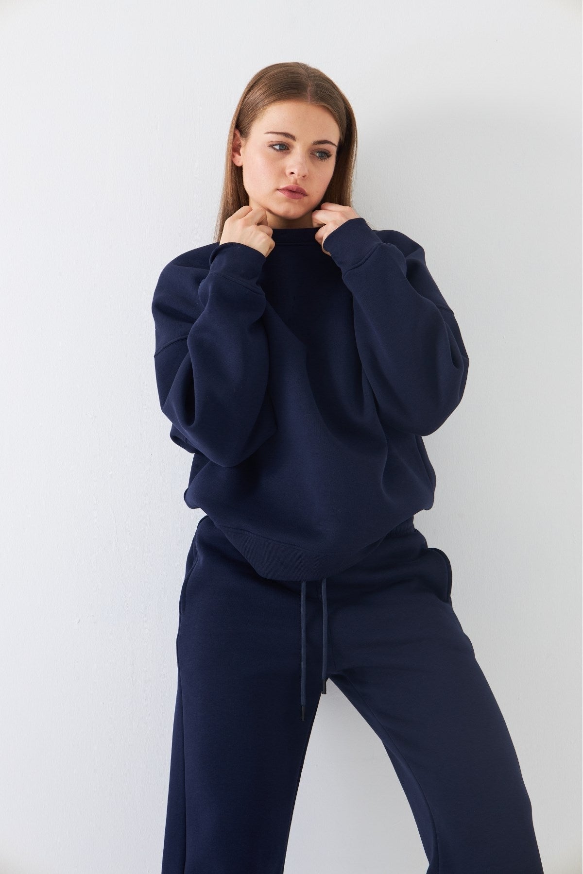 Unisex Oversize Sweatshirt Basic Lacivert – Bisiklet Yaka, 3 İplik Şardonlu Polar