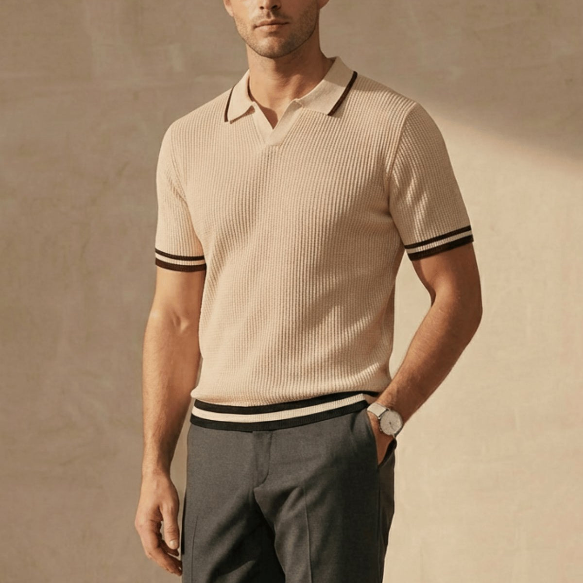 Erkek Fitilli Triko Polo Yaka Tişört Bej - Polo Çizgili Yaka, Fit, Yazlık, Örme
