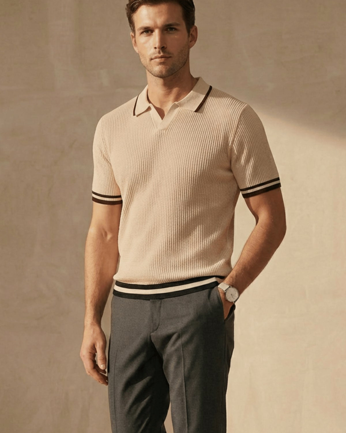 Erkek Fitilli Triko Polo Yaka Tişört Bej - Polo Çizgili Yaka, Fit, Yazlık, Örme