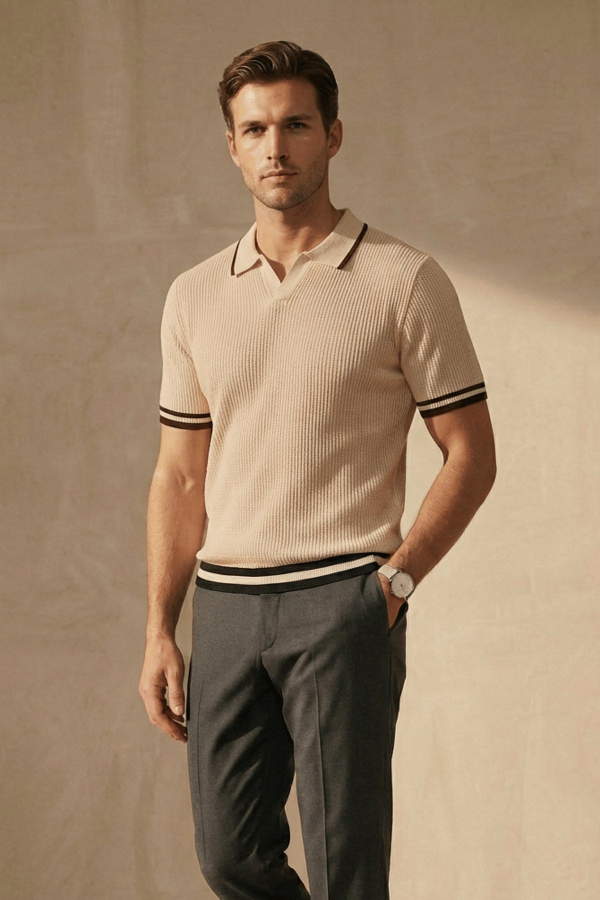 Erkek Fitilli Triko Polo Yaka Tişört Bej - Polo Çizgili Yaka, Fit, Yazlık, Örme