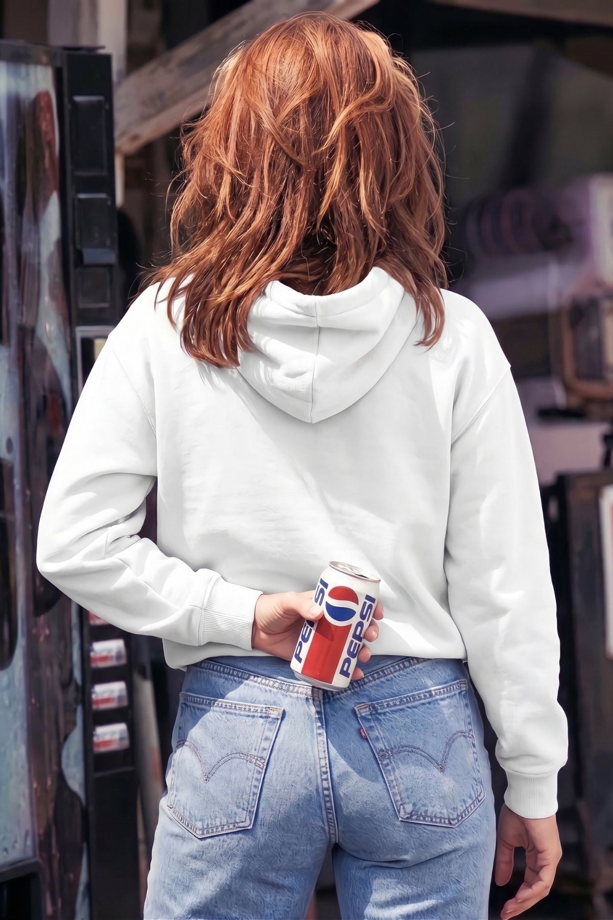 Kadın Oversize Hoodie Back To The 90’s Baskılı Beyaz - Kapüşonlu, Kanguru Cepli, 3 İplik Polar