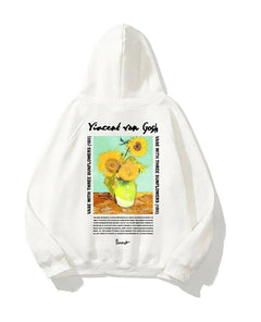 Kapüşonlu İçi Polar Vincent Van Gogh Baskılı Beyaz Unisex Hoodie Sweatshirt