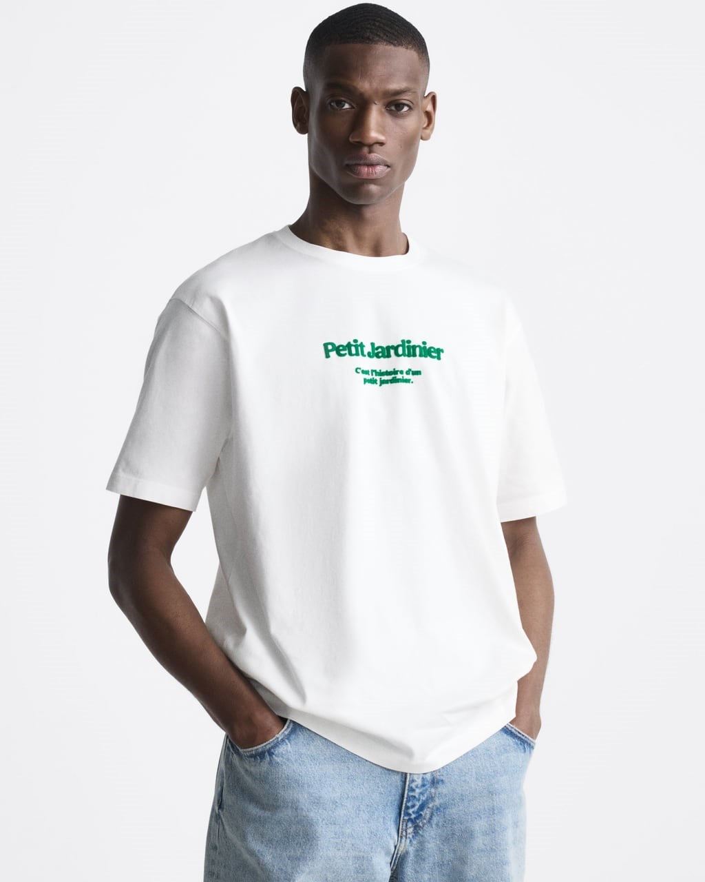 Bisiklet Yaka Petit Jardinier Baskılı Oversize Beyaz Erkek T-shirt