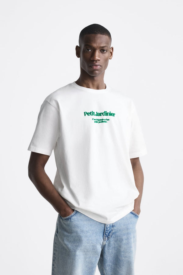 Bisiklet Yaka Petit Jardinier Baskılı Oversize Beyaz Erkek T-shirt