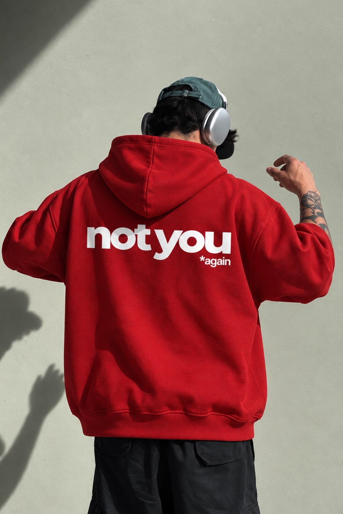 Unisex Oversize Hoodie Not You Again Baskılı Kırmızı – Kapüşonlu, Kanguru Cepli, 3 İplik Şardonlu 