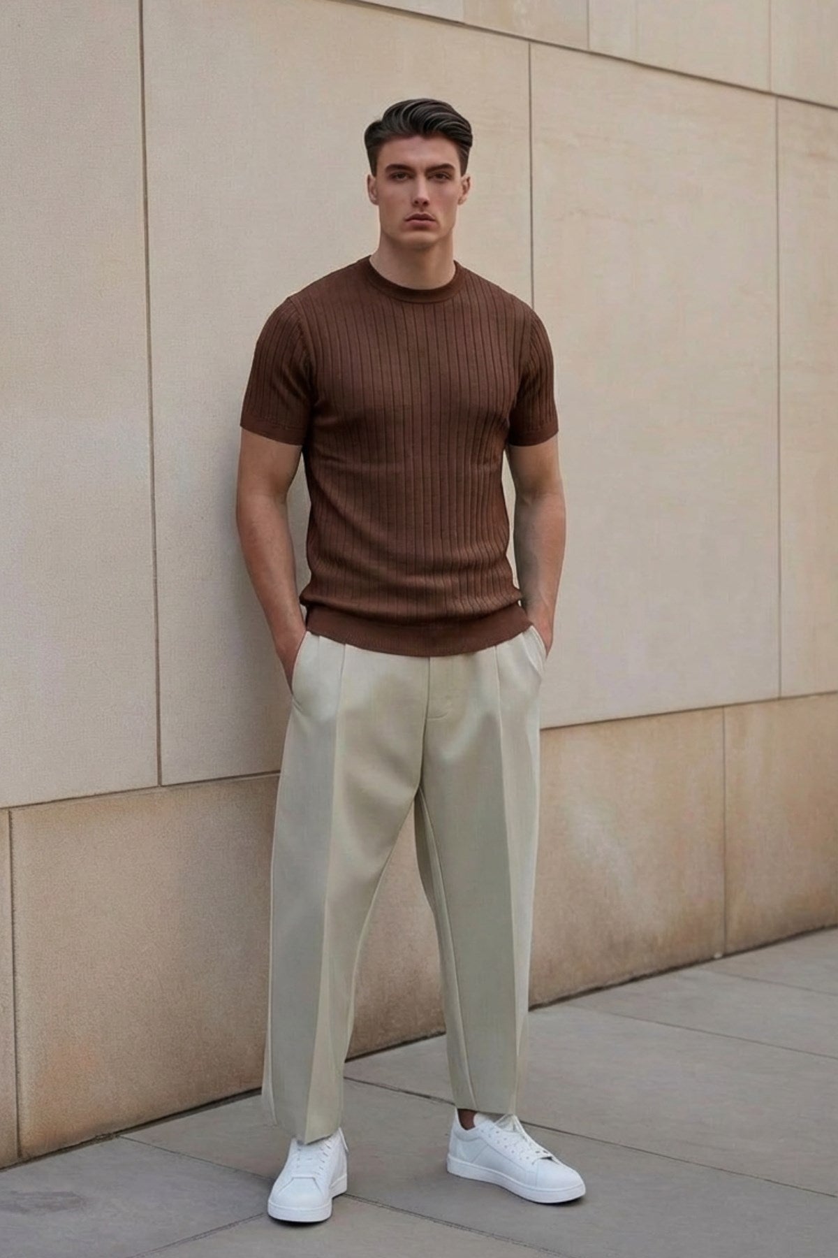 Erkek Dokulu Fitilli Triko Tişört Kahverengi - Bisiklet Yaka, Fit, Yazlık, Örme