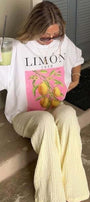 Limon Baskılı Beyaz Oversize Kadın Tişört + Bez Çanta Hediyeli Kombin Set – %100 Pamuk