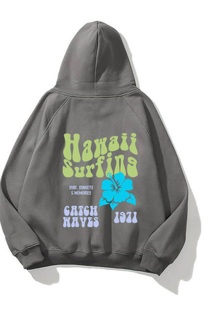 Kapüşonlu İçi Polar Hawaii Baskılı Füme Unisex Oversize Hoodie Sweatshirt