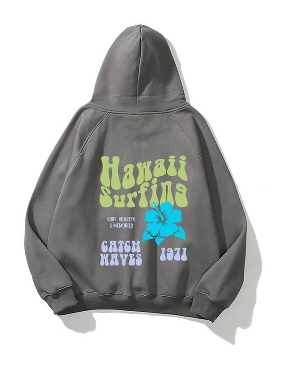 Kapüşonlu İçi Polar Hawaii Baskılı Füme Unisex Oversize Hoodie Sweatshirt