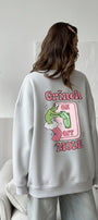 Kadın Oversize Sweatshirt Elbise Grinch Mode Baskılı Gri Melanj – Bisiklet Yaka, 3 İplik Polar