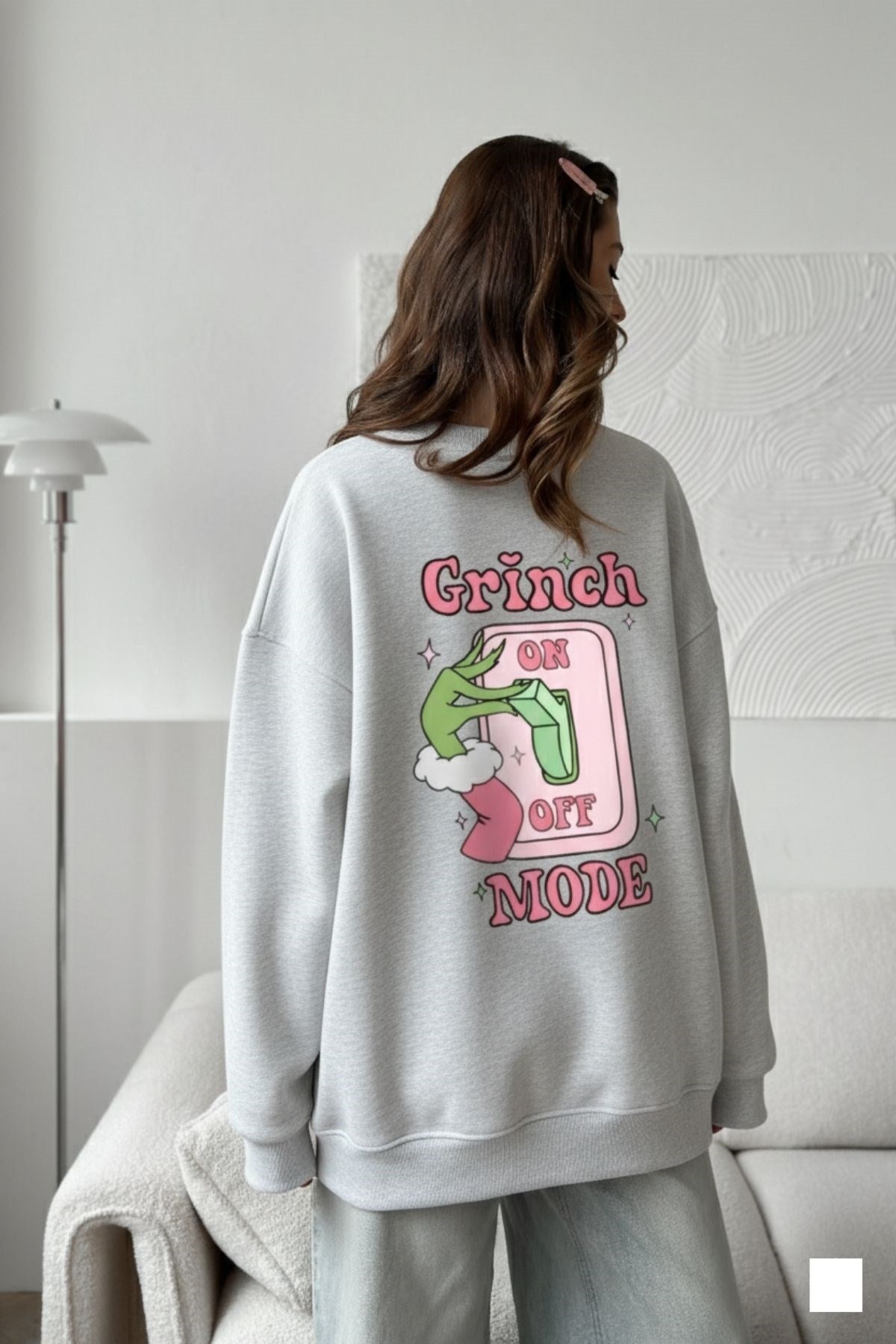 Kadın Oversize Sweatshirt Elbise Grinch Mode Baskılı Gri Melanj – Bisiklet Yaka, 3 İplik Polar