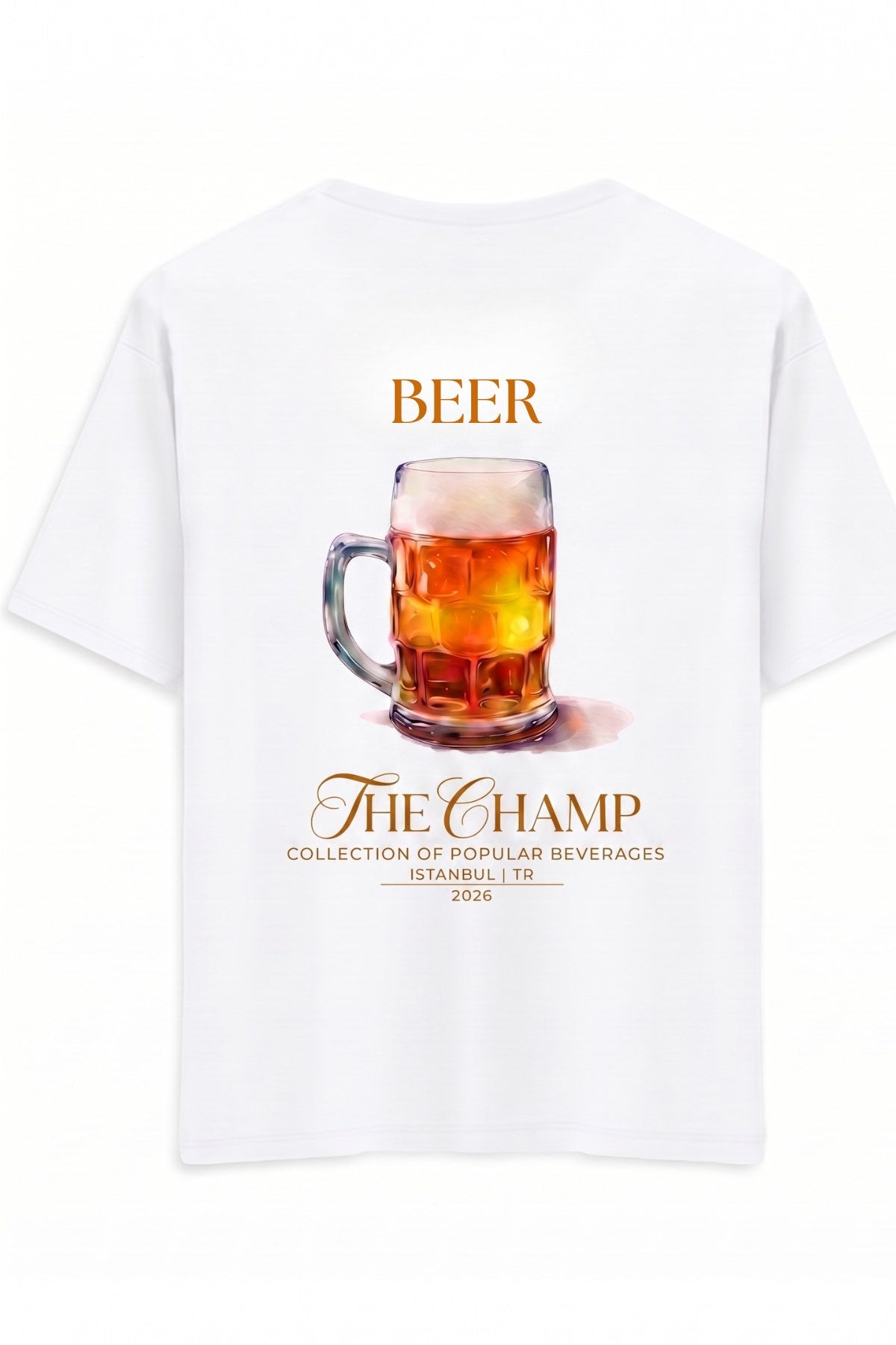 Unisex Oversize Tişört BEER Baskılı Beyaz – Bisiklet Yaka, Rahat Kalıp, %100 Pamuk
