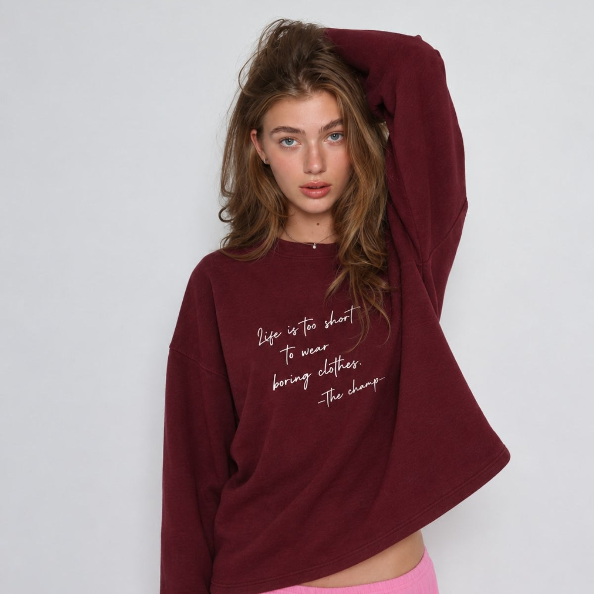 Kadın Relaxed Fit Sweatshirt Life Is Too Short Baskılı Bordo – Bisiklet Yaka, 3 İplik Şardonsuz