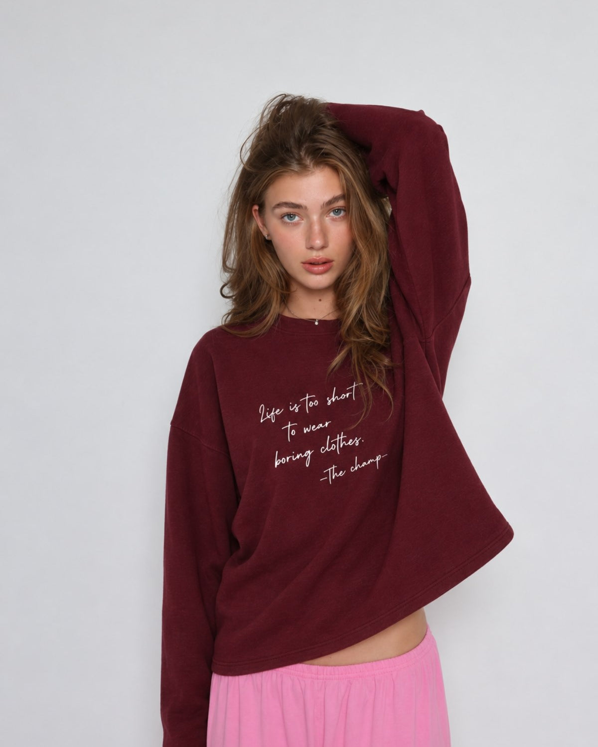 Kadın Relaxed Fit Sweatshirt Life Is Too Short Baskılı Bordo – Bisiklet Yaka, 3 İplik Şardonsuz