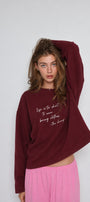 Kadın Relaxed Fit Sweatshirt Life Is Too Short Baskılı Bordo – Bisiklet Yaka, 3 İplik Şardonsuz