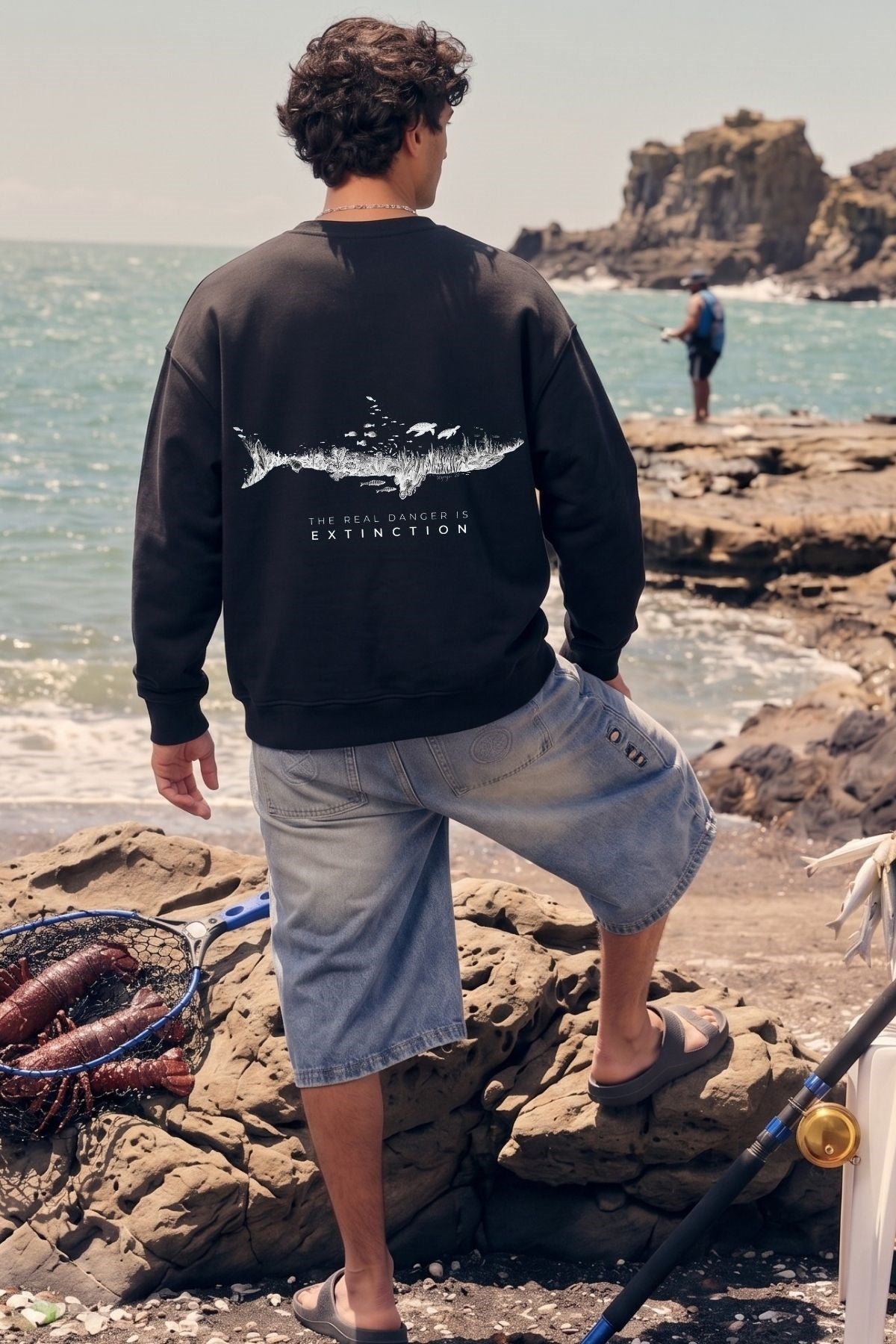 Erkek Oversize Sweatshirt Extinction Baskılı Siyah – Bisiklet Yaka, 3 İplik Şardonlu Polar