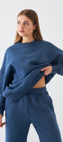 Unisex Oversize Sweatshirt Basic Marine – Bisiklet Yaka, 3 İplik Şardonlu Polar