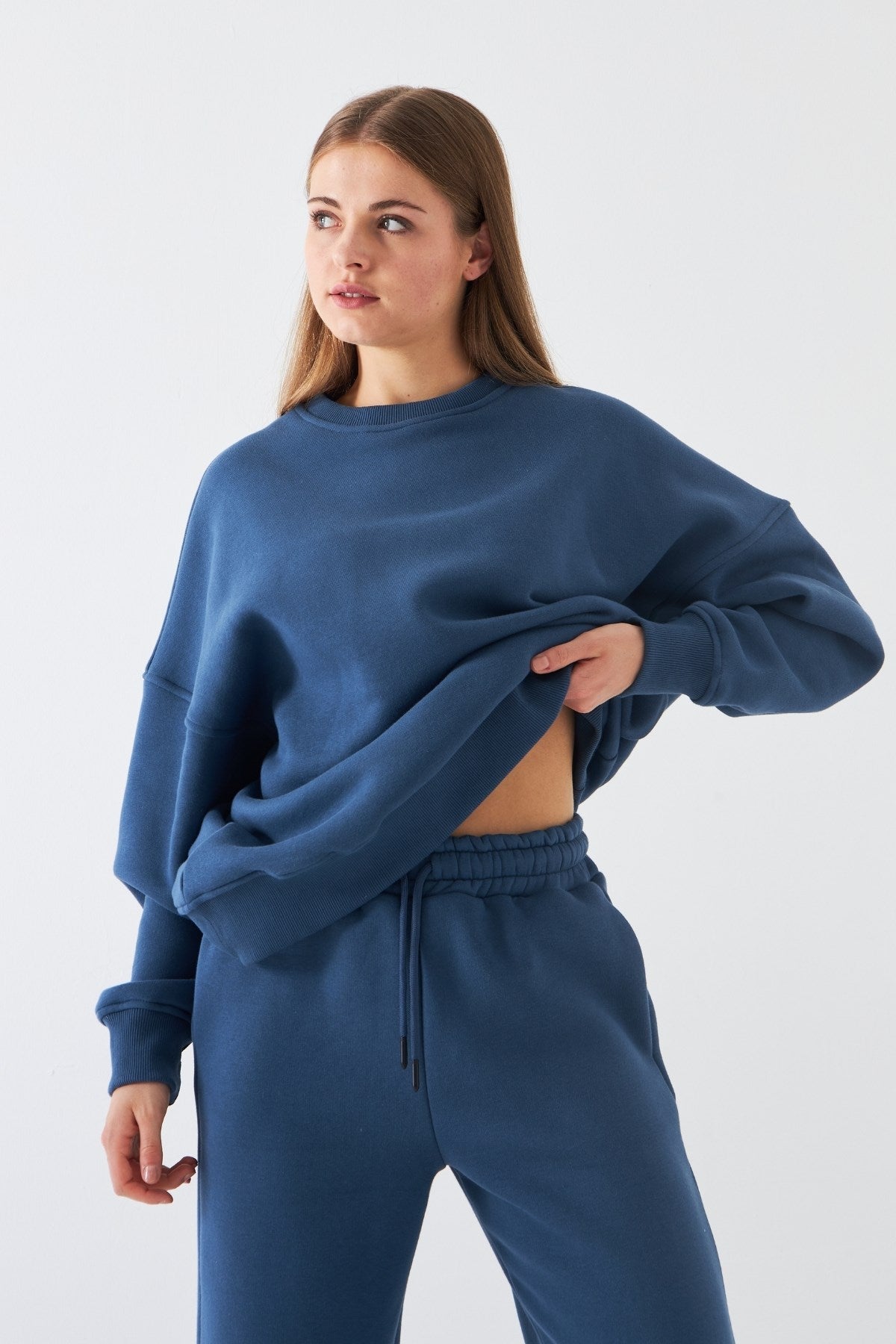 Unisex Oversize Sweatshirt Basic Marine – Bisiklet Yaka, 3 İplik Şardonlu Polar