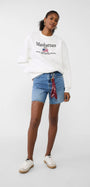 Bisiklet Yaka İçi Polar Manhattan 1984 Yazı Baskılı Beyaz Oversize Sweatshirt