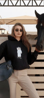 Kadın Oversize Sweatshirt Hoodie Qatari Bear White Siyah – Kapüşonlu, 3 İplik Polar, Kanguru Cepli