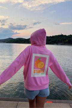 Pembe Oversize Hoodie Pembe – 3 İplik Şardonlu, Kapüşonlu Kanguru Cepli, Sırt Tam Portakal Baskı