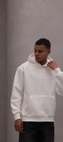 Erkek Oversize Sweatshirt Hoodie CHMP Yazlı Baskılı Beyaz – Kapüşonlu, 3 İplik Polar, Kanguru Cepli