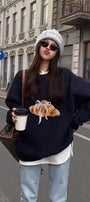 Kadın Oversize Sweatshirt Kurdeleli Croissant Baskılı Lacivert – Bisiklet Yaka, 3 İplik Polar