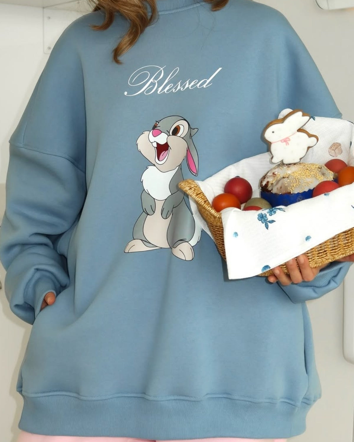 Kadın Oversize Sweat Elbise Blessed Bunny Baskılı Marine – Bisiklet Yaka, 3 İplik Şardonlu Polar