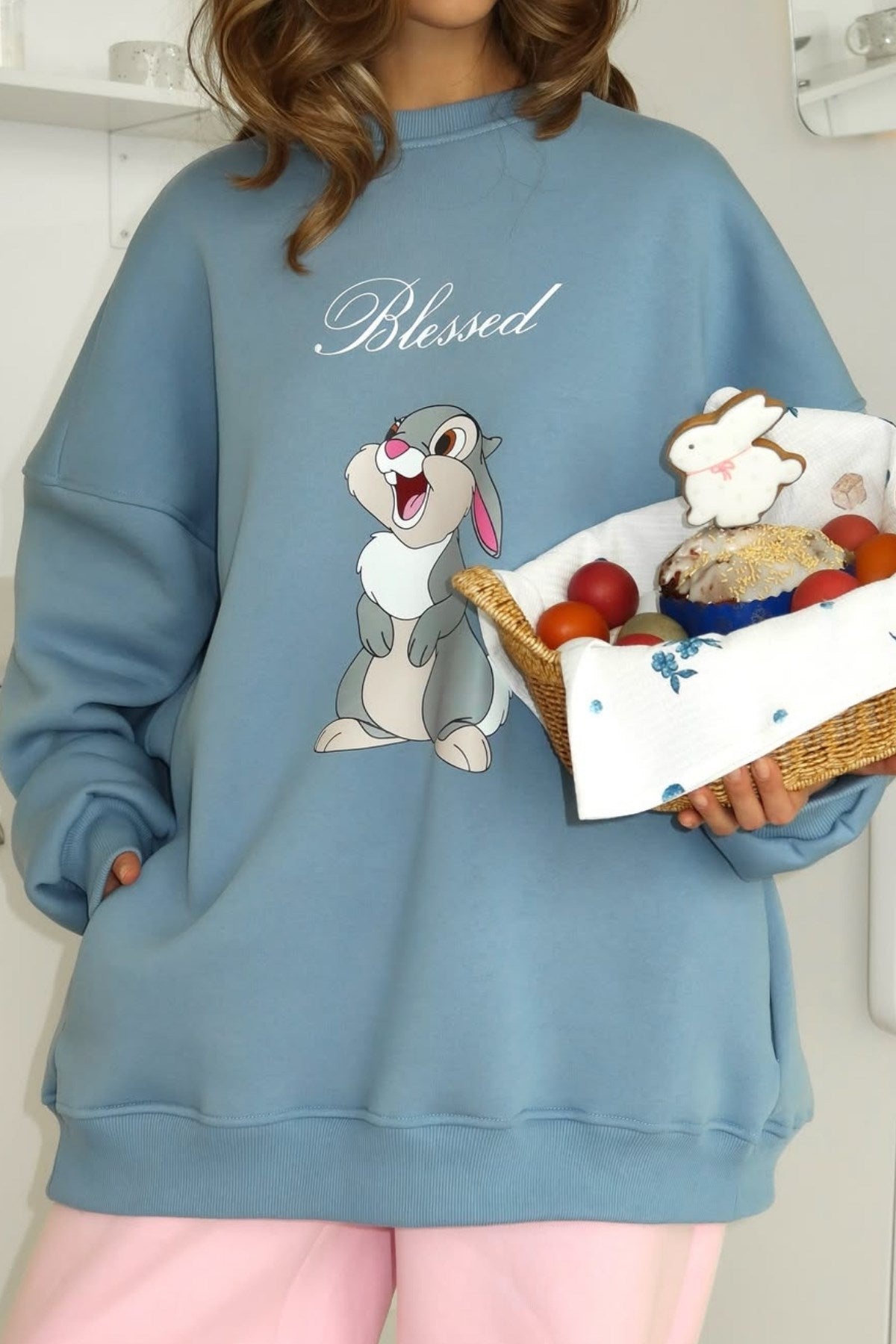 Kadın Oversize Sweat Elbise Blessed Bunny Baskılı Marine – Bisiklet Yaka, 3 İplik Şardonlu Polar