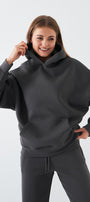  Oversize Unisex Sweatshirt Hoodie Füme – Kapüşonlu, 3 İplik Şardonlu Polar, Kanguru Cepli, Basic