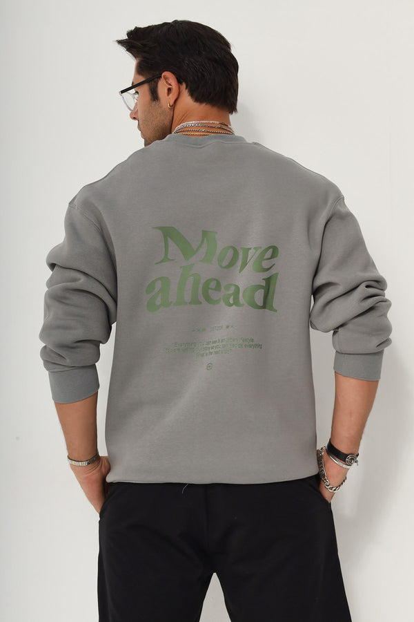 Bisiklet Yaka İçi Polar Move Ahead Yazı Baskılı Füme Oversize Sweatshirt