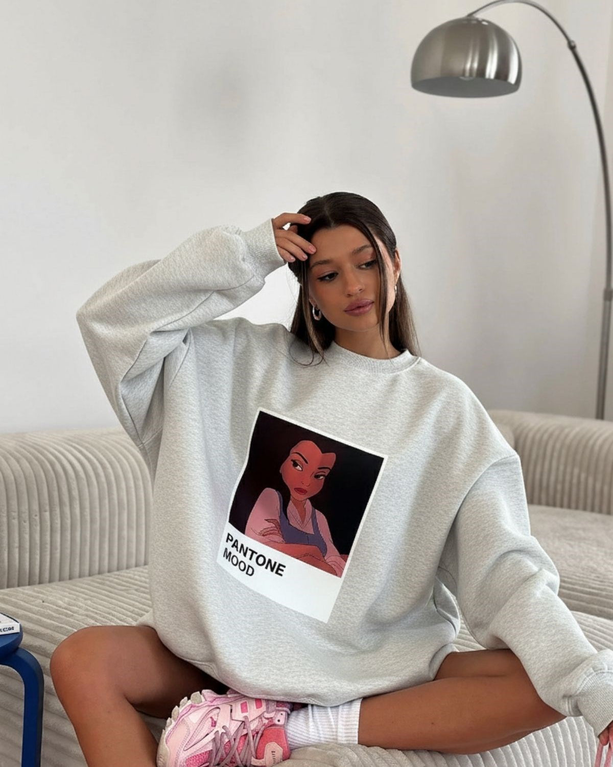 Kadın Oversize Sweat Elbise Gri Melanj - 3 İplik Şardonlu, Bisiklet Yaka, Pantone - prenses baskılı