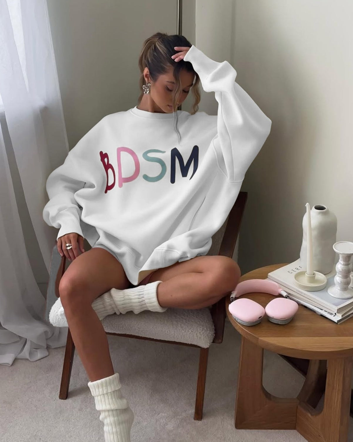 Kadın Oversize Sweatshirt Elbise Color Pop Baskılı Beyaz – Bisiklet Yaka, 3 İplik Şardonlu Polar