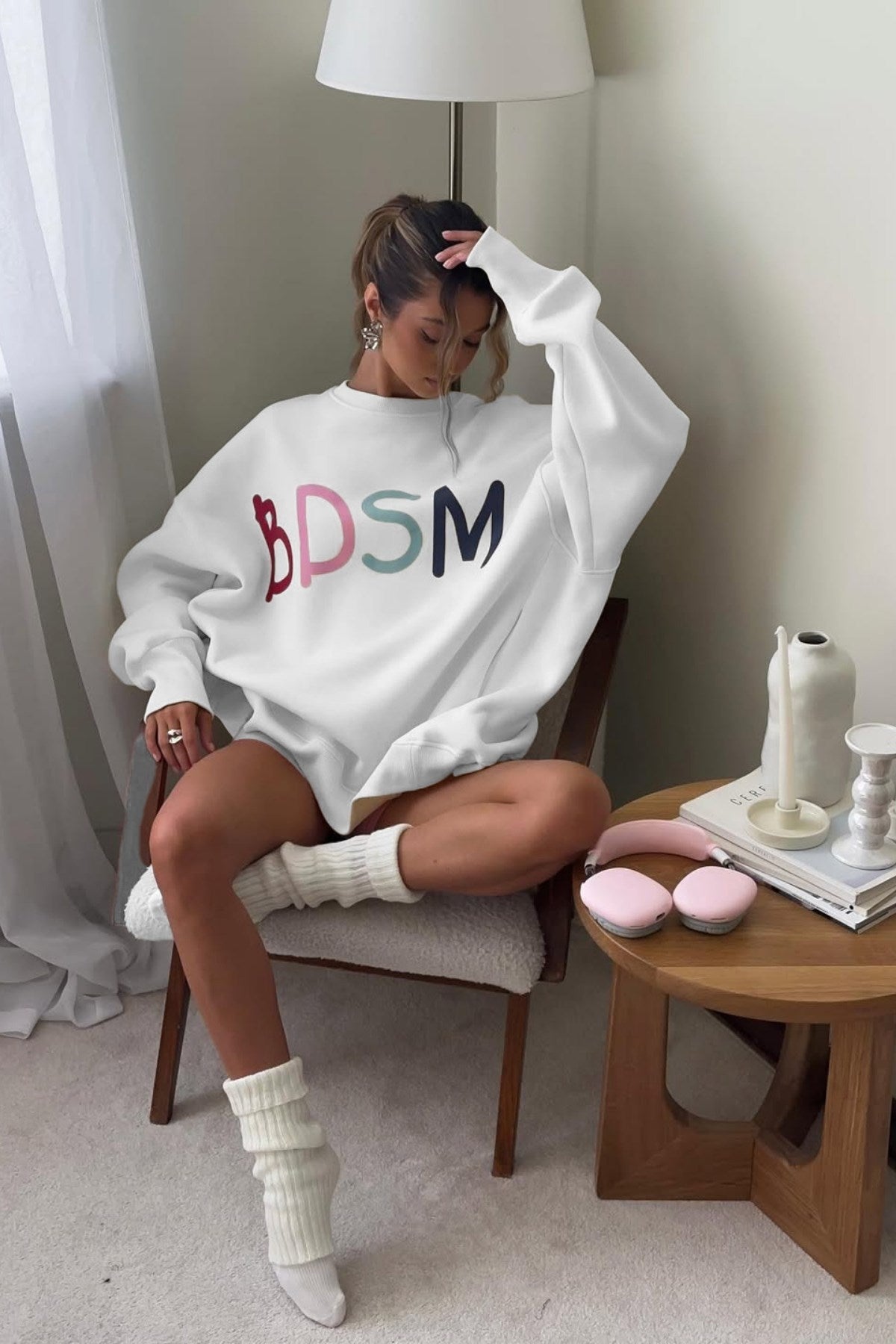 Kadın Oversize Sweatshirt Elbise Color Pop Baskılı Beyaz – Bisiklet Yaka, 3 İplik Şardonlu Polar
