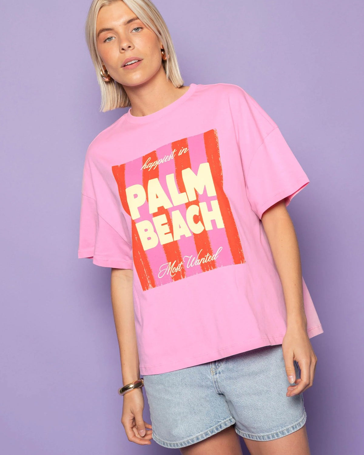 Kadın Oversize Tişört Blush Coast Baskılı Pembe – Bisiklet Yaka, %100 Pamuk Compact Süprem 24/1