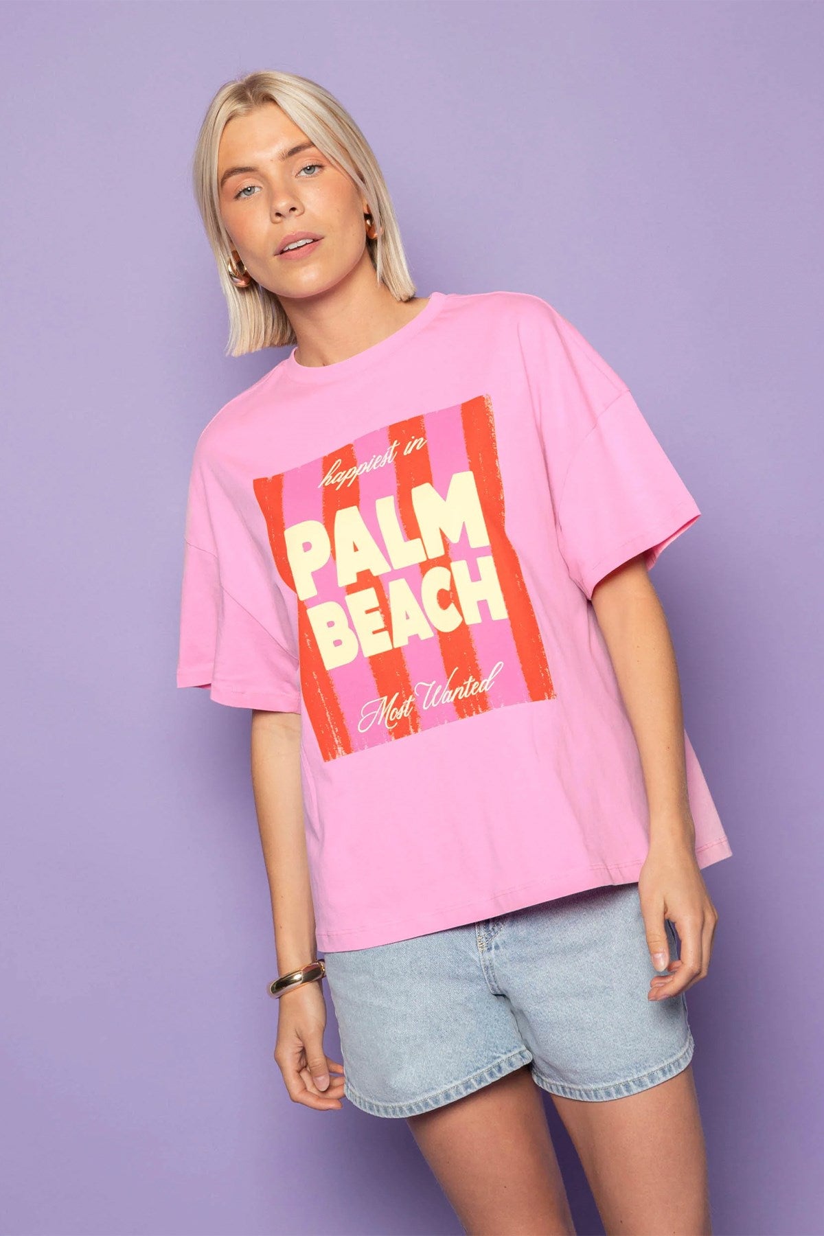 Kadın Oversize Tişört Blush Coast Baskılı Pembe – Bisiklet Yaka, %100 Pamuk Compact Süprem 24/1
