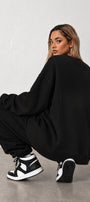 Kadın Oversize Sweatshirt Elbise Bad Club Siyah – Bisiklet Yaka, 3 İplik Şardonlu Polar