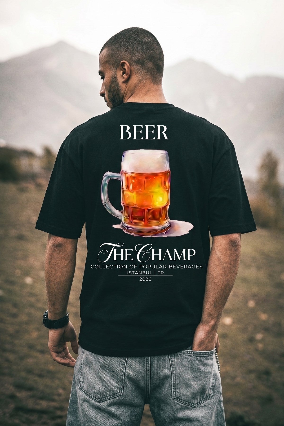 Unisex Oversize Tişört BEER Baskılı Siyah – Bisiklet Yaka, Rahat Kalıp, %100 Pamuk