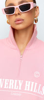 Kadın Pembe Beverly Hills Yazılı Yarım Fermuarlı Oversize Sweatshirt – Şık Spor Yarım Balıkçı Yaka