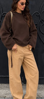 Kadın Relaxed Fit Sweatshirt Basic Kahverengi – Bisiklet Yaka, 3 İplik Şardonsuz, Düşük Omuz