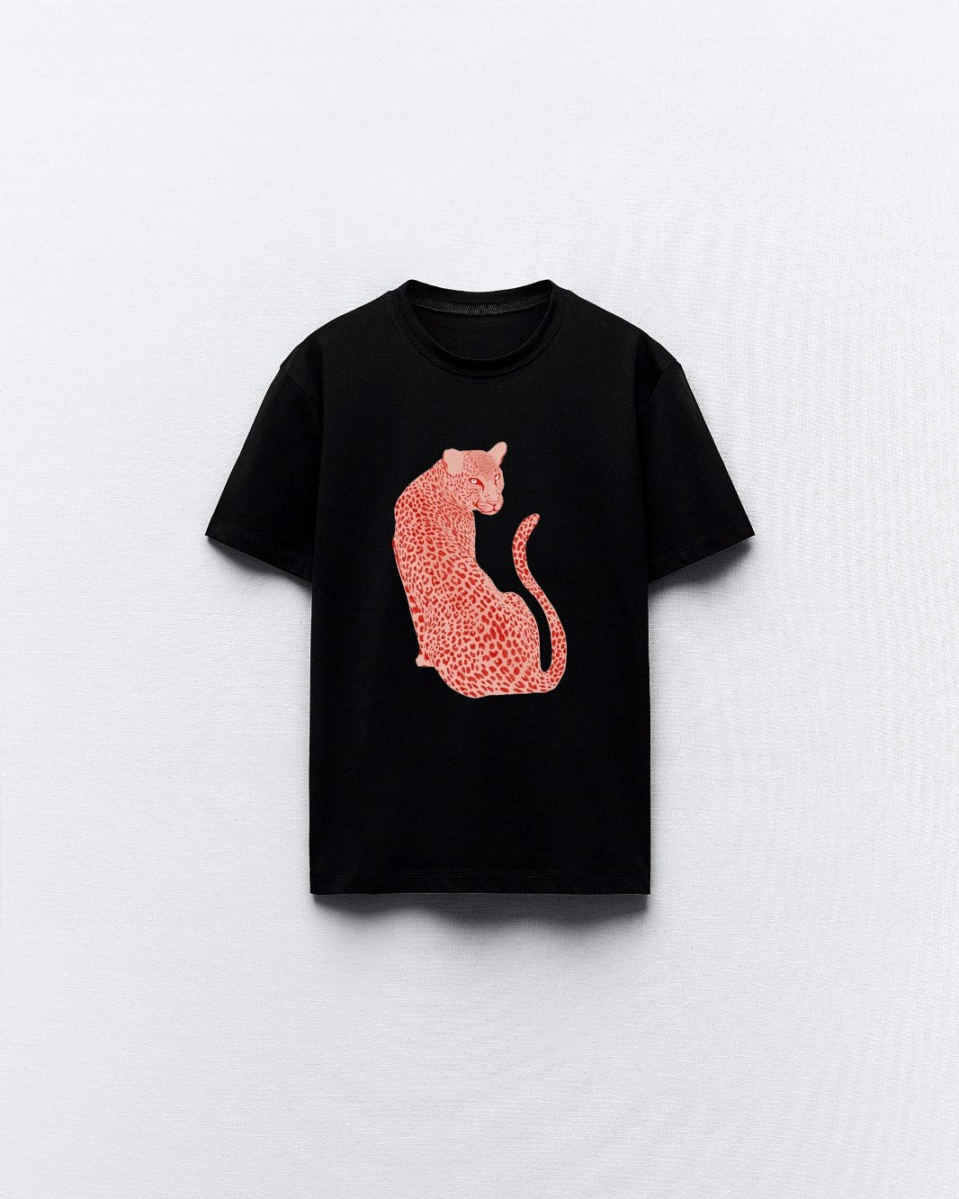 Leopar Tasarım Baskılı Siyah Kadın T-shirt